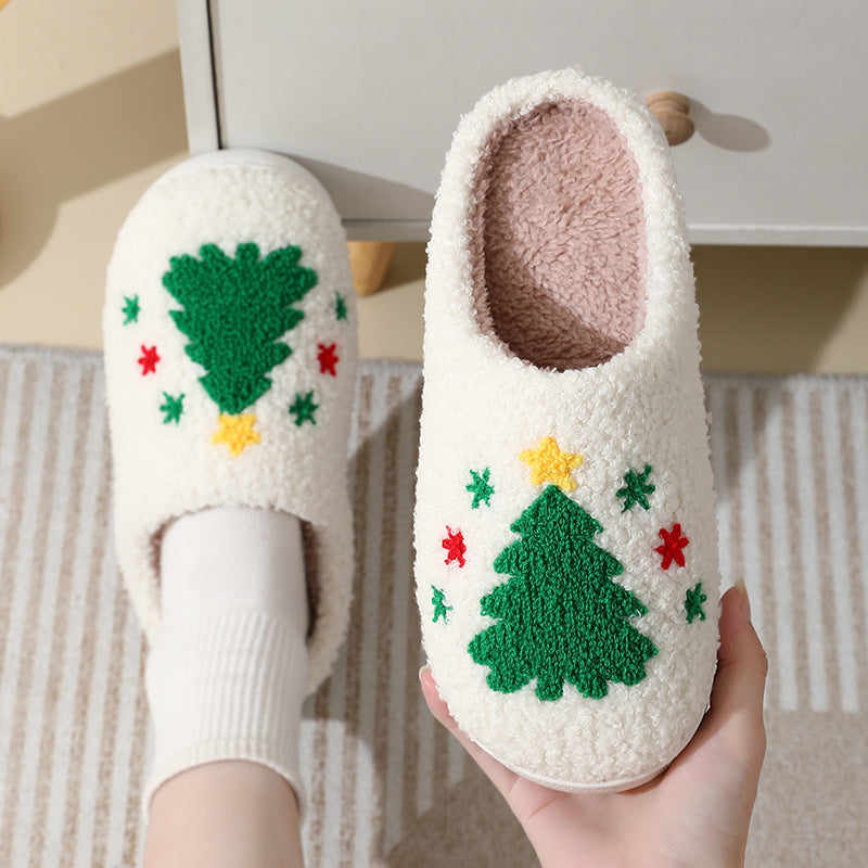 Pantoufles de Noël mignonnes en coton avec dessin animé du Père Noël pour femmes et hommes, chaussures d'hiver chaudes en fourrure