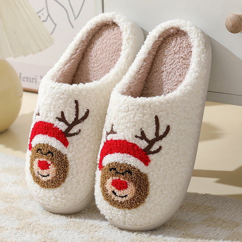 Pantoufles de Noël mignonnes en coton avec dessin animé du Père Noël pour femmes et hommes, chaussures d'hiver chaudes en fourrure