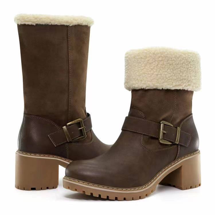 Bottes à la mode avec boucle, chaussures à talons épais, bottes occidentales chaudes d'hiver à bout rond pour femmes