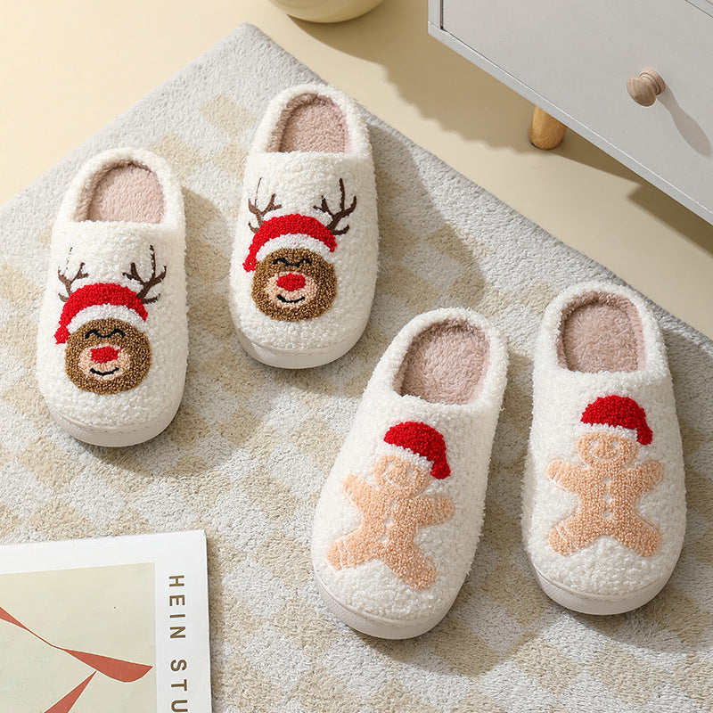 Pantoufles de Noël mignonnes en coton avec dessin animé du Père Noël pour femmes et hommes, chaussures d'hiver chaudes en fourrure