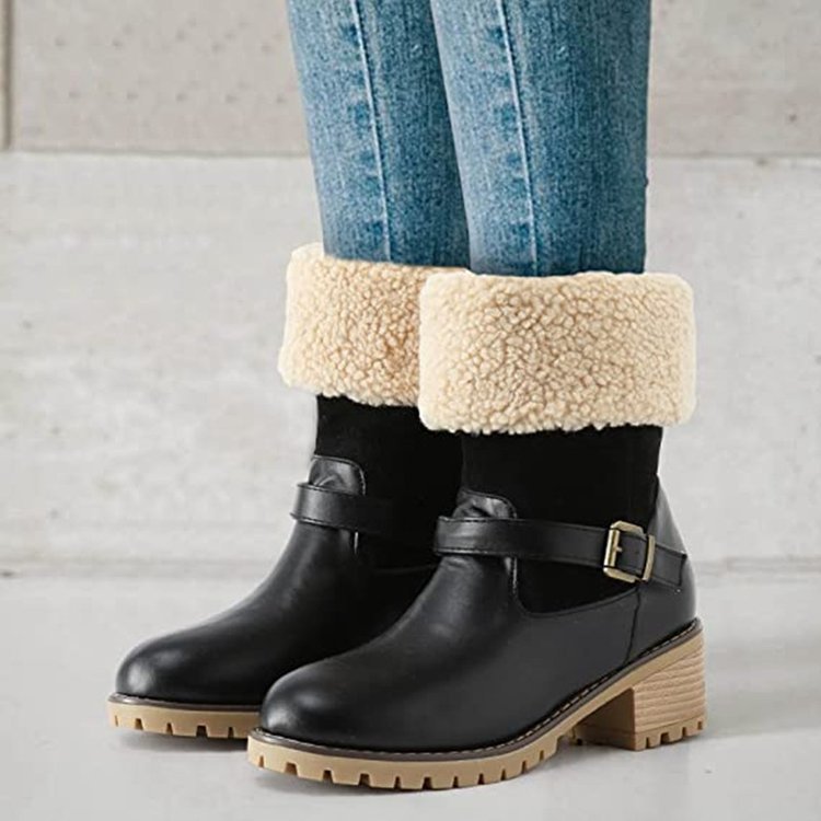 Bottes à la mode avec boucle, chaussures à talons épais, bottes occidentales chaudes d'hiver à bout rond pour femmes