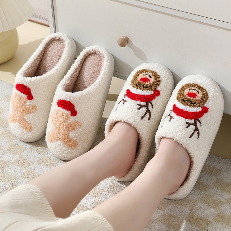 Pantoufles de Noël mignonnes en coton avec dessin animé du Père Noël pour femmes et hommes, chaussures d'hiver chaudes en fourrure