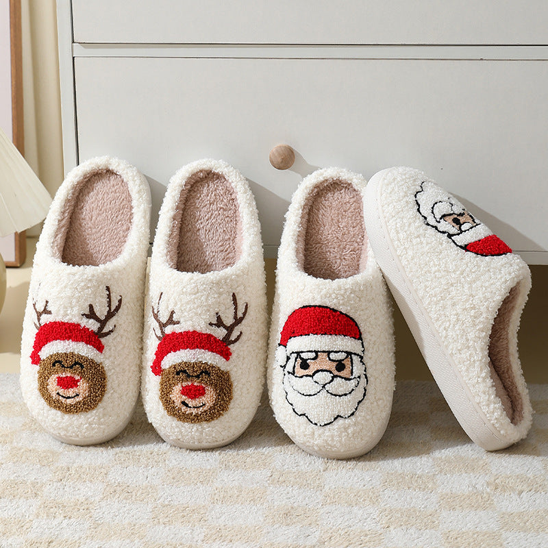 Pantoufles de Noël mignonnes en coton avec dessin animé du Père Noël pour femmes et hommes, chaussures d'hiver chaudes en fourrure