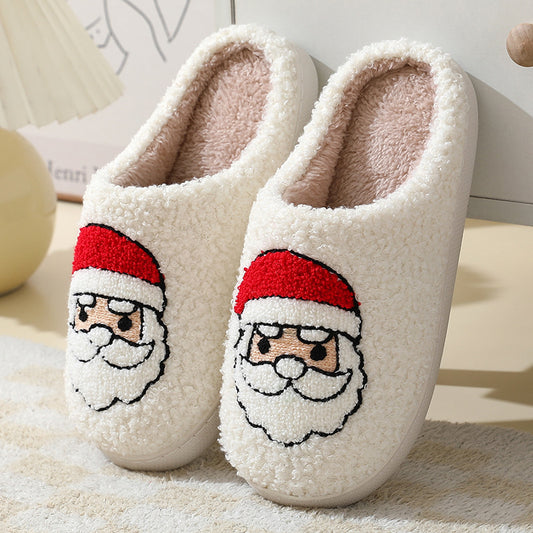 Pantoufles de Noël mignonnes en coton avec dessin animé du Père Noël pour femmes et hommes, chaussures d'hiver chaudes en fourrure