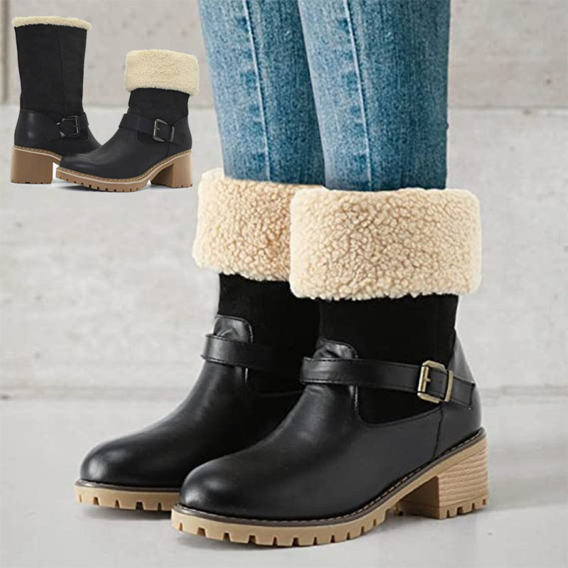 Bottes à la mode avec boucle, chaussures à talons épais, bottes occidentales chaudes d'hiver à bout rond pour femmes