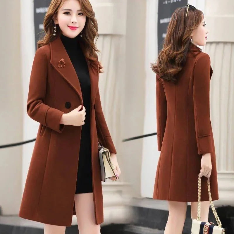 Fashion 2023 Spring Autumn Women New Korean Anti-pilling Suit Collar Mid-length Woolen Coat Female Slim Loose Jacket Trend A680