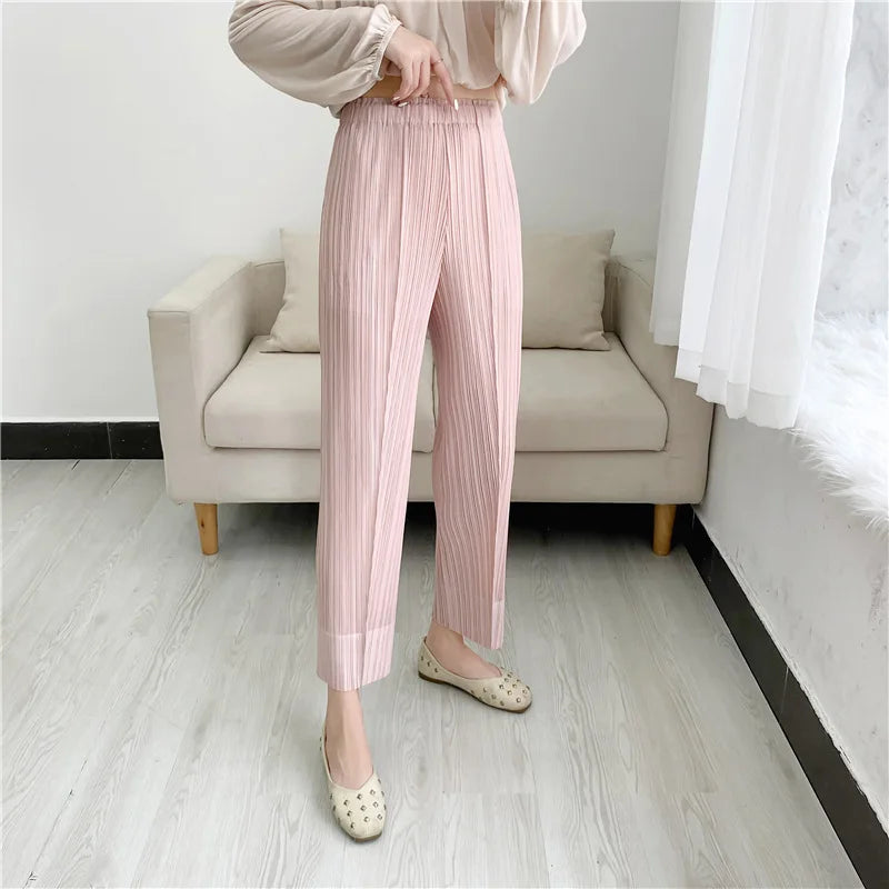 Miyake pleated fashion new cropped trousers, solid color, large size, slim fit, urban casual pants, split pants, women's pants