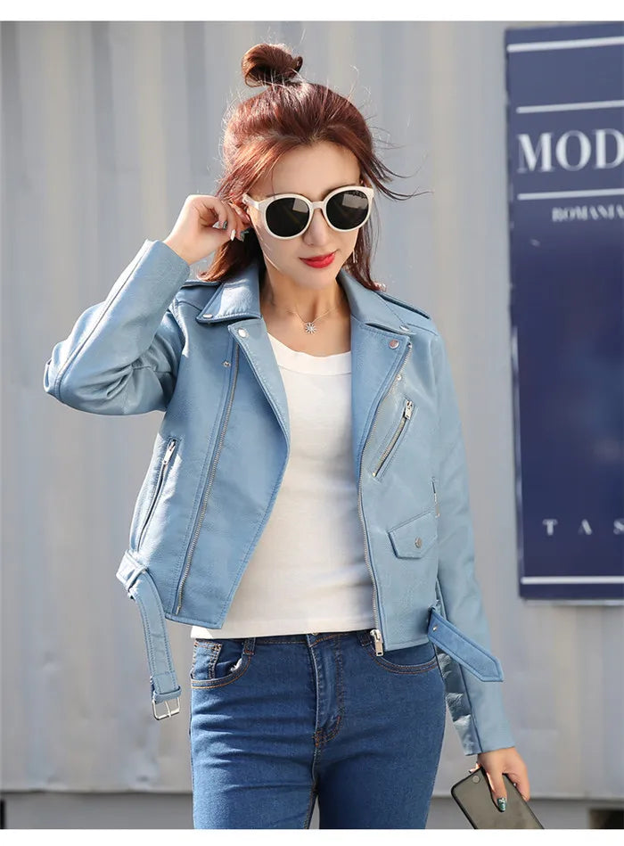 Spring Autumn Motorcycle Leather Jackets Women Short PU Leather Coat Female Soft Faux Leather Biker Jacket Female Yellow Blue 59