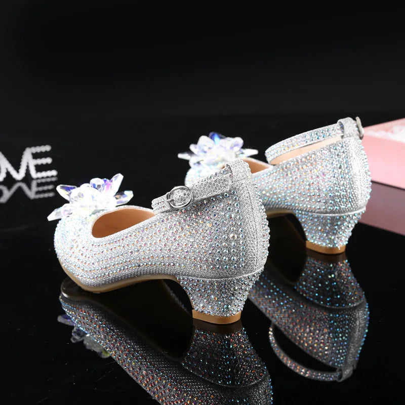 Princess Girls Party Shoes Children Sandals Sequins High Heels Shoes Diamonds Girls Sandals Peep Toe crystal Kids dress Shoes