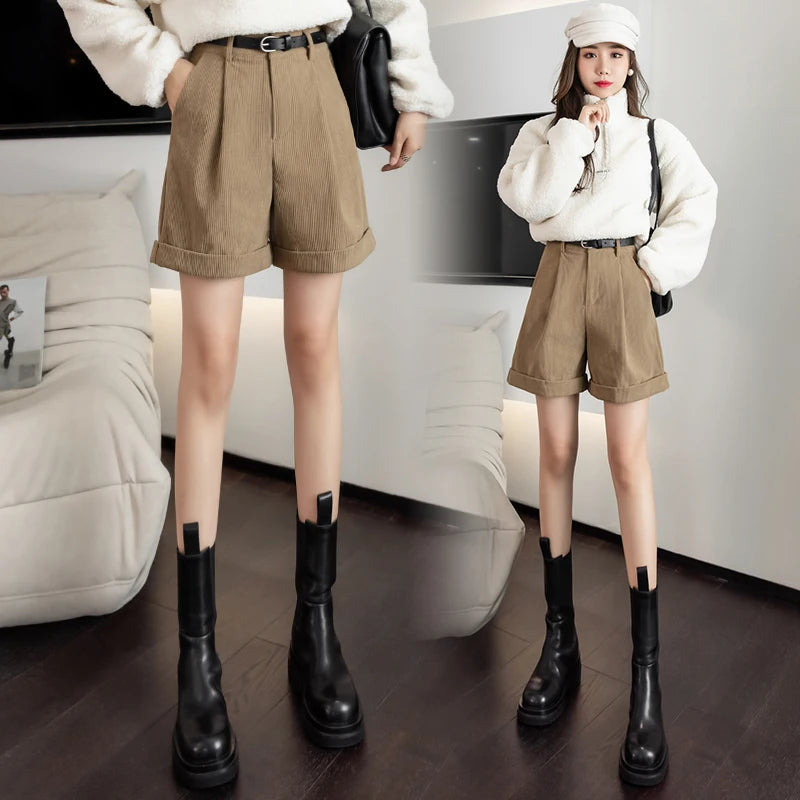 Streetwear Winter Corduroy Shorts Women Casual Loose Wide Leg Woolen Shorts With Belt High Waist Short Femme Black Khaki Brown