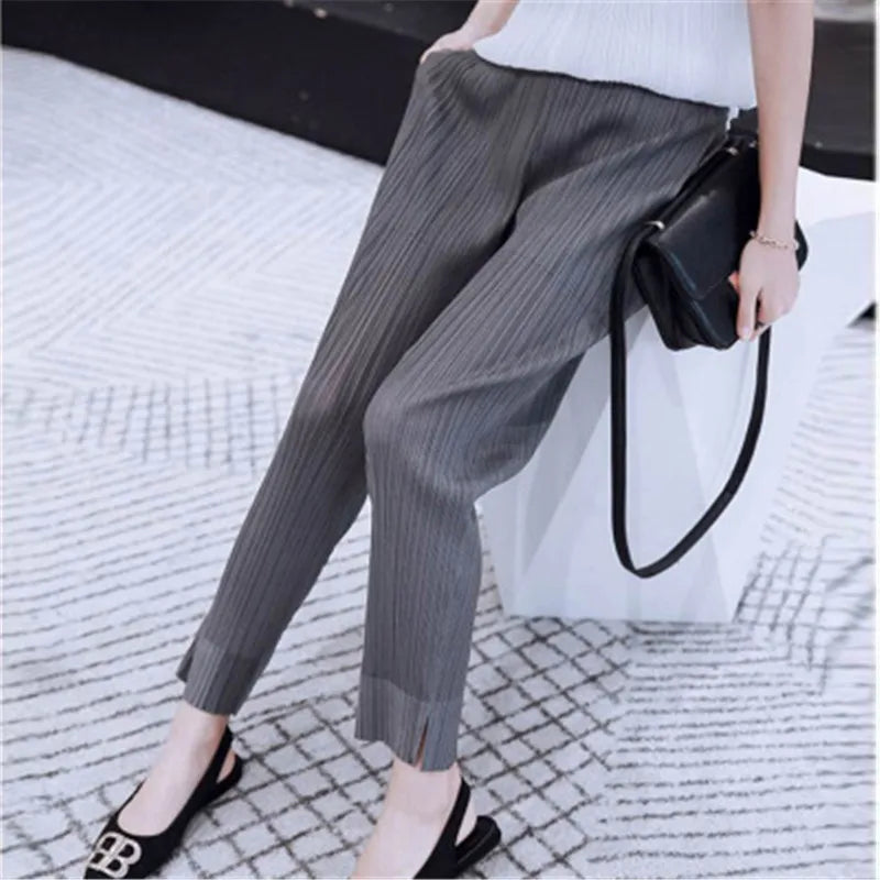 Miyake pleated fashion new cropped trousers, solid color, large size, slim fit, urban casual pants, split pants, women's pants