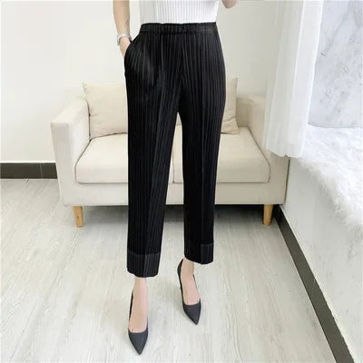 Miyake pleated fashion new cropped trousers, solid color, large size, slim fit, urban casual pants, split pants, women's pants