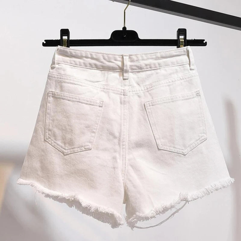 Zoki Short en jean déchiré grande taille pour femme, jean d'été à pompons, taille haute, noir, vieilli, mode coréenne, pur coton, streetwear