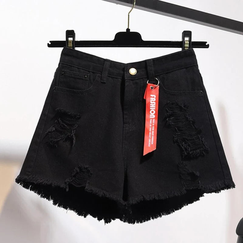 Zoki Short en jean déchiré grande taille pour femme, jean d'été à pompons, taille haute, noir, vieilli, mode coréenne, pur coton, streetwear