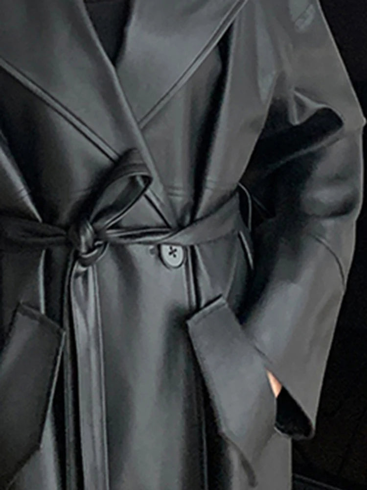 Lautaro-Long Black Leather Trench Coat for Women, Oversized Sashes, Single Button, Loose Stylish, Korean Fashion, Spring