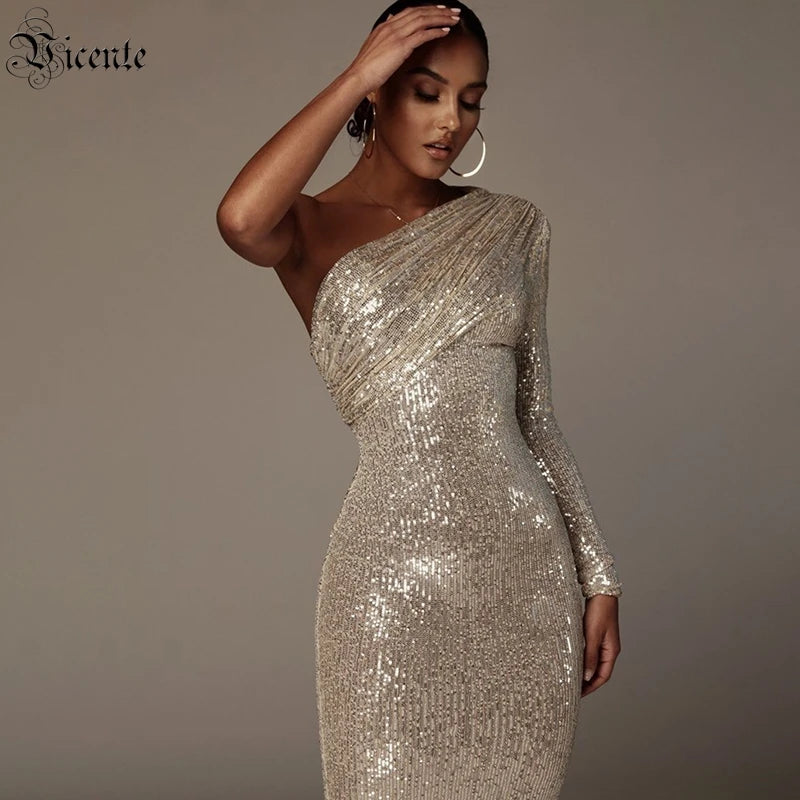 VC  Sexy One Shoulder Dress Women Sparkle Glitzy Sequins Dress Mesh Patchwork Celebrity Christmas Party Vestidos