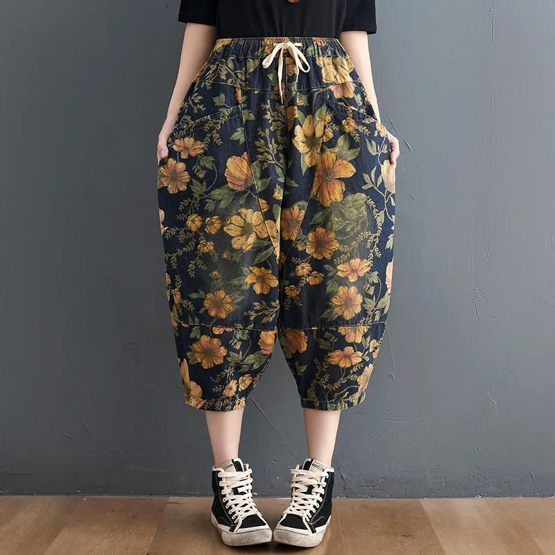 Femmes Été Lâche Décontracté Jeans Nouveau 2021 Mode Streetwear Vintage Imprimé Floral Femme Taille Haute Mi-mollet Pantalon