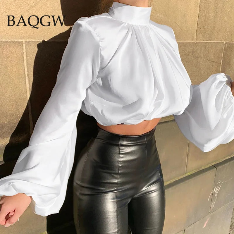 Sexy Puff Sleeves Satin Blouse Shirt Women Long Sleeve Spring Autum Turtleneck Women's Cropped Blouses Office Lady Top Blusas