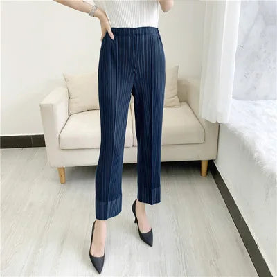 Miyake pleated fashion new cropped trousers, solid color, large size, slim fit, urban casual pants, split pants, women's pants