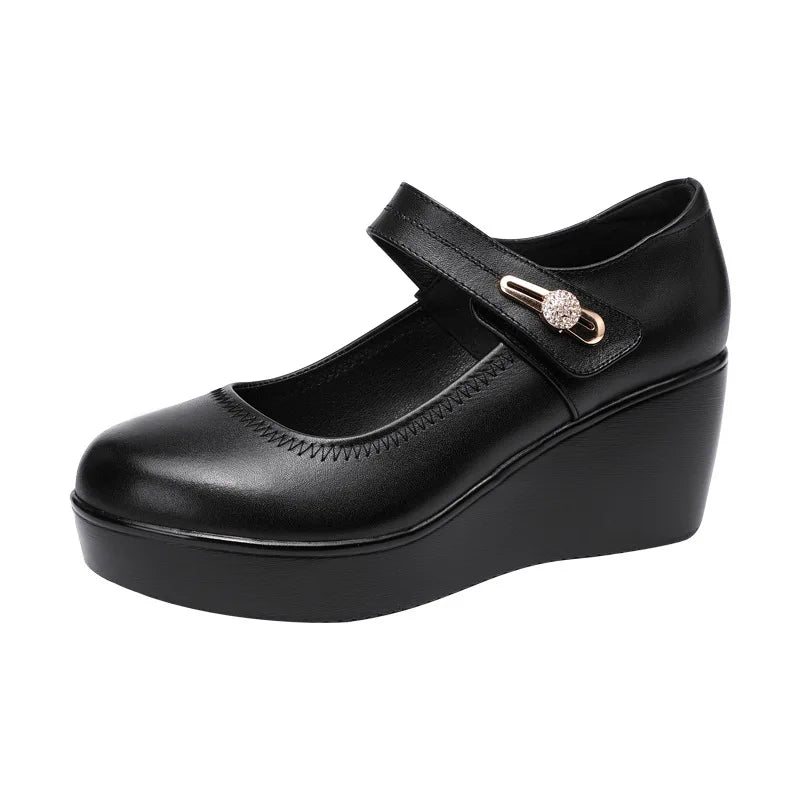 GKTINOO 2024 Spring Leather Shoes Women Platform Wedges Shoe High Heels Round Toe Comfortable Black Women Pumps Large Size 33-43