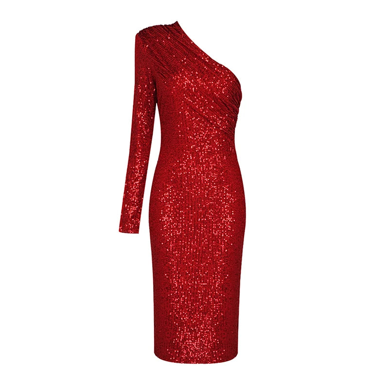 VC  Sexy One Shoulder Dress Women Sparkle Glitzy Sequins Dress Mesh Patchwork Celebrity Christmas Party Vestidos