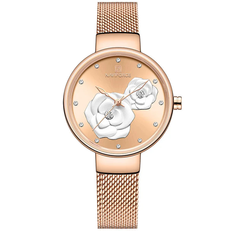 Women Watch NAVIFORCE Top Luxury Brand Steel Mesh Waterproof Ladies Watches Flower Quartz Female Wristwatch Charming Girl Clock