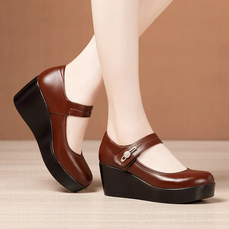 GKTINOO 2024 Spring Leather Shoes Women Platform Wedges Shoe High Heels Round Toe Comfortable Black Women Pumps Large Size 33-43