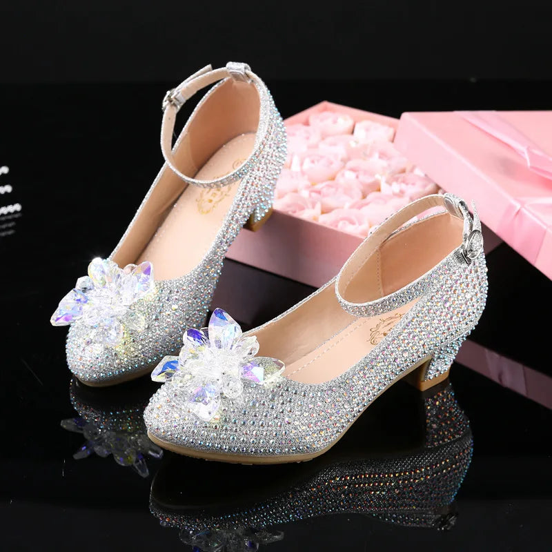 Princess Girls Party Shoes Children Sandals Sequins High Heels Shoes Diamonds Girls Sandals Peep Toe crystal Kids dress Shoes