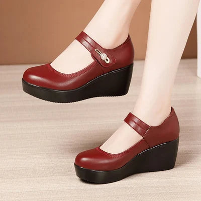 GKTINOO 2024 Spring Leather Shoes Women Platform Wedges Shoe High Heels Round Toe Comfortable Black Women Pumps Large Size 33-43