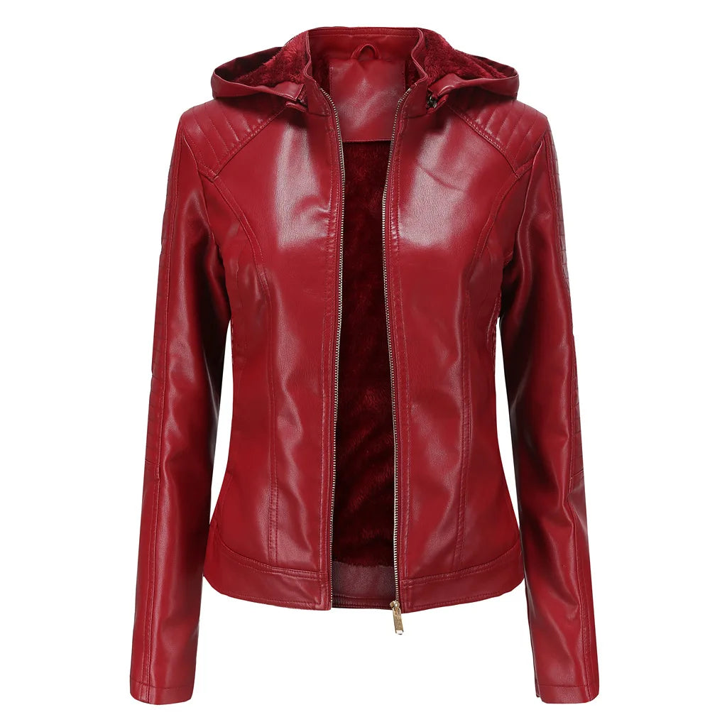 Winter New Black Fleece Hooded Leather Jacket Women's Fashionable Trim Motorcycle Women Coat Zipper Switch Tops Red Khaki Grey