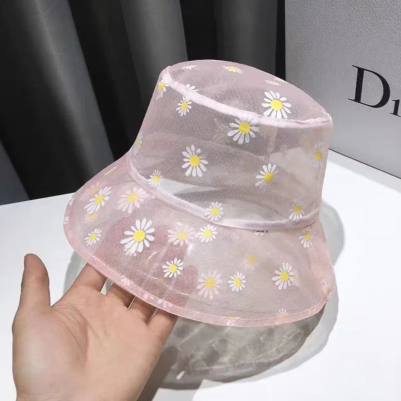 Daisies Embroidered Buckets Hat Women Transparent Lace Flower Beach Panama Hats High Top Snapback Fashion Daisy Sun Cap Summer