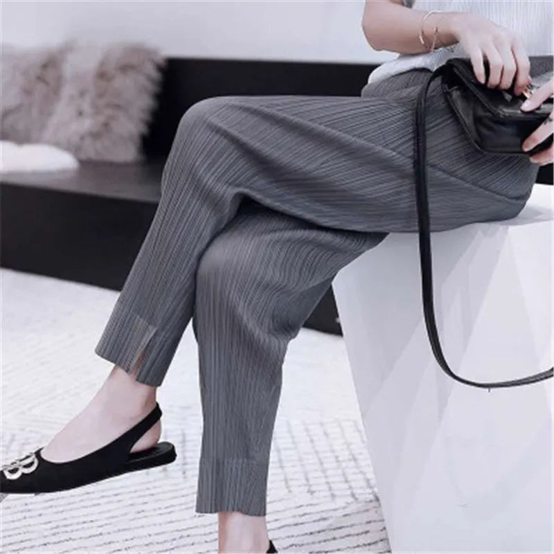 Miyake pleated fashion new cropped trousers, solid color, large size, slim fit, urban casual pants, split pants, women's pants