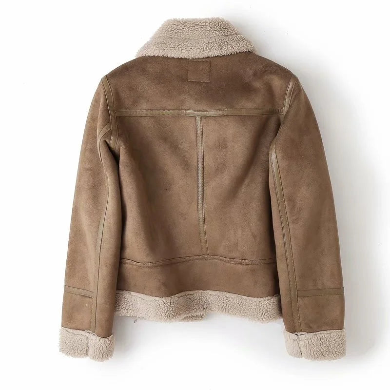 Women Winter Faux Shearling Sheepskin Fake Leather Jackets Lady Thick Warm Suede Lambs Motorcycle Brown Coats Mujer Chaqueta