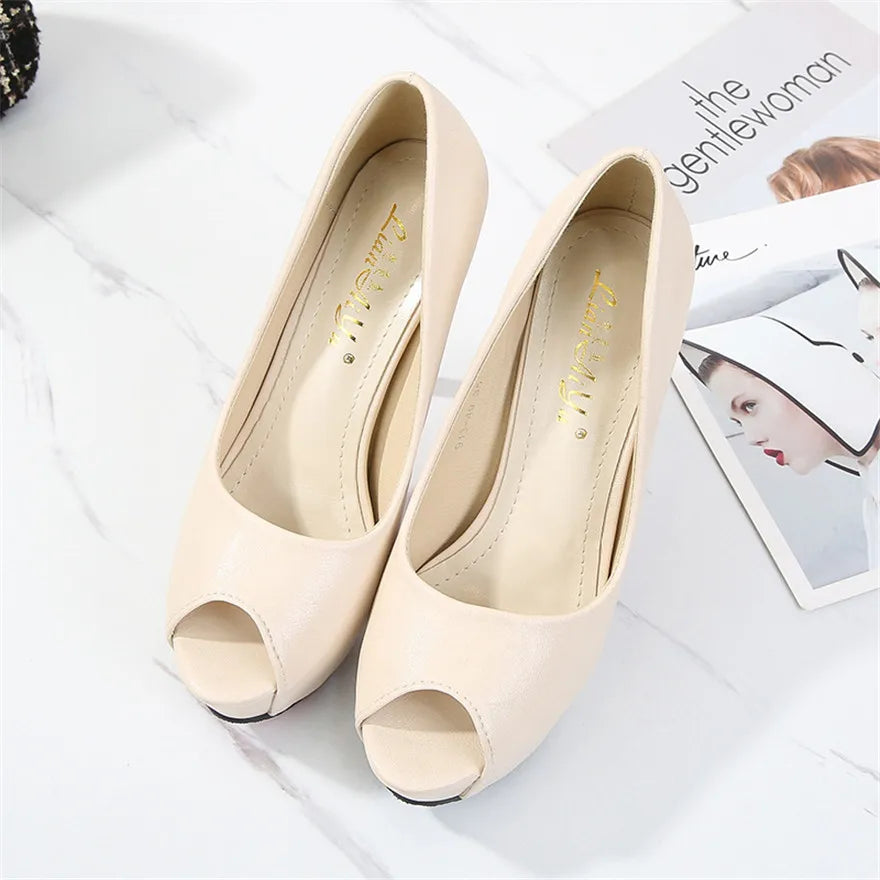 10/12/14cm Super Haut Talons Femmes Mode Chaussures En Cuir Printemps Automne Peep Toe Plateforme Fête Nude Noir Bureau Robe Pompes Femme