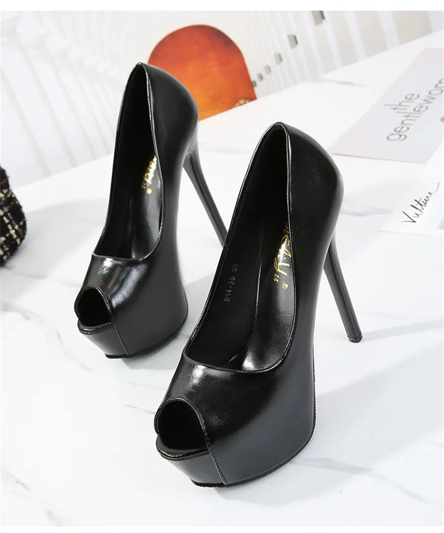 10/12/14cm Super Haut Talons Femmes Mode Chaussures En Cuir Printemps Automne Peep Toe Plateforme Fête Nude Noir Bureau Robe Pompes Femme