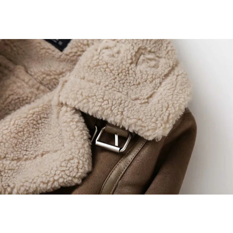 Women Winter Faux Shearling Sheepskin Fake Leather Jackets Lady Thick Warm Suede Lambs Motorcycle Brown Coats Mujer Chaqueta