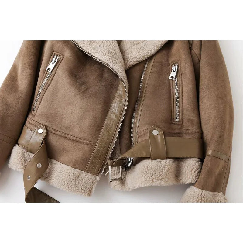 Women Winter Faux Shearling Sheepskin Fake Leather Jackets Lady Thick Warm Suede Lambs Motorcycle Brown Coats Mujer Chaqueta