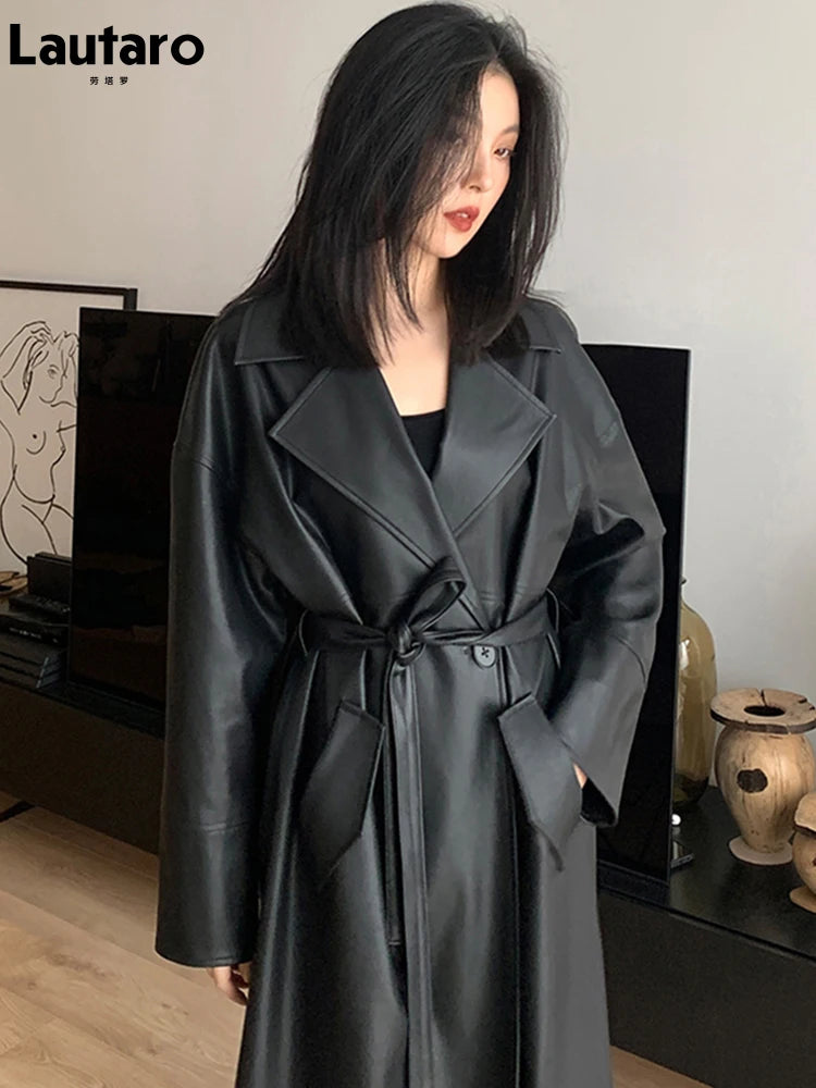 Lautaro-Long Black Leather Trench Coat for Women, Oversized Sashes, Single Button, Loose Stylish, Korean Fashion, Spring