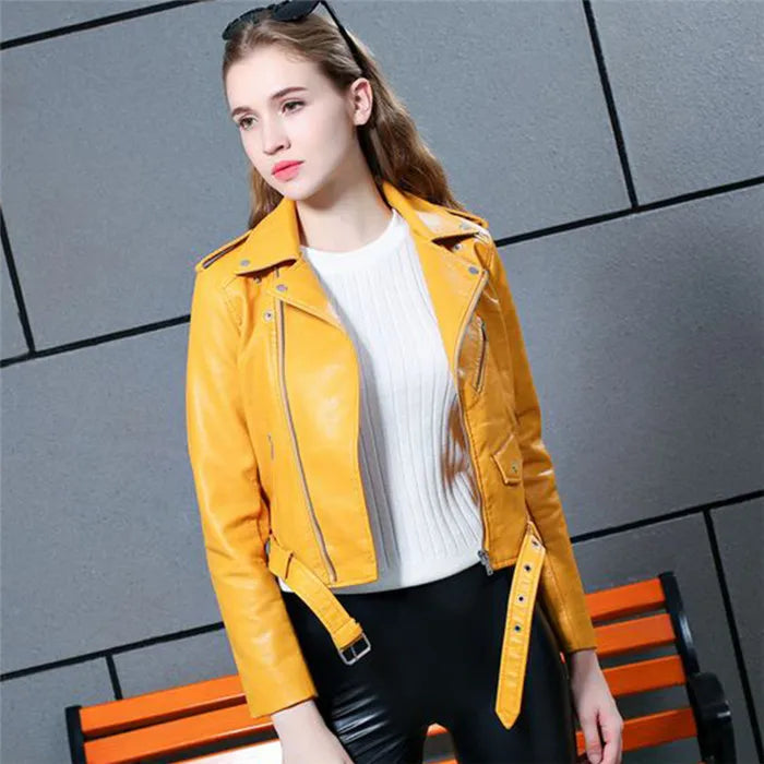 Spring Autumn Motorcycle Leather Jackets Women Short PU Leather Coat Female Soft Faux Leather Biker Jacket Female Yellow Blue 59