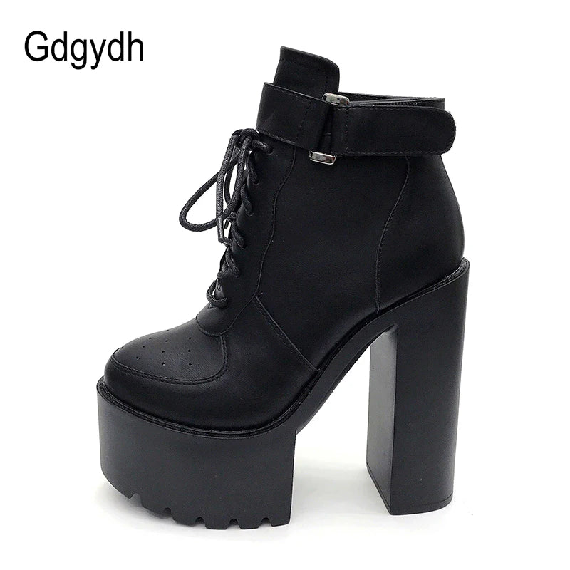 Gdgydh Hot Sale Russian Shoes Black Platform Boots Women Zipper Autumn High Heels Shoes Lace Up Ankle Boots White Rubber Sole