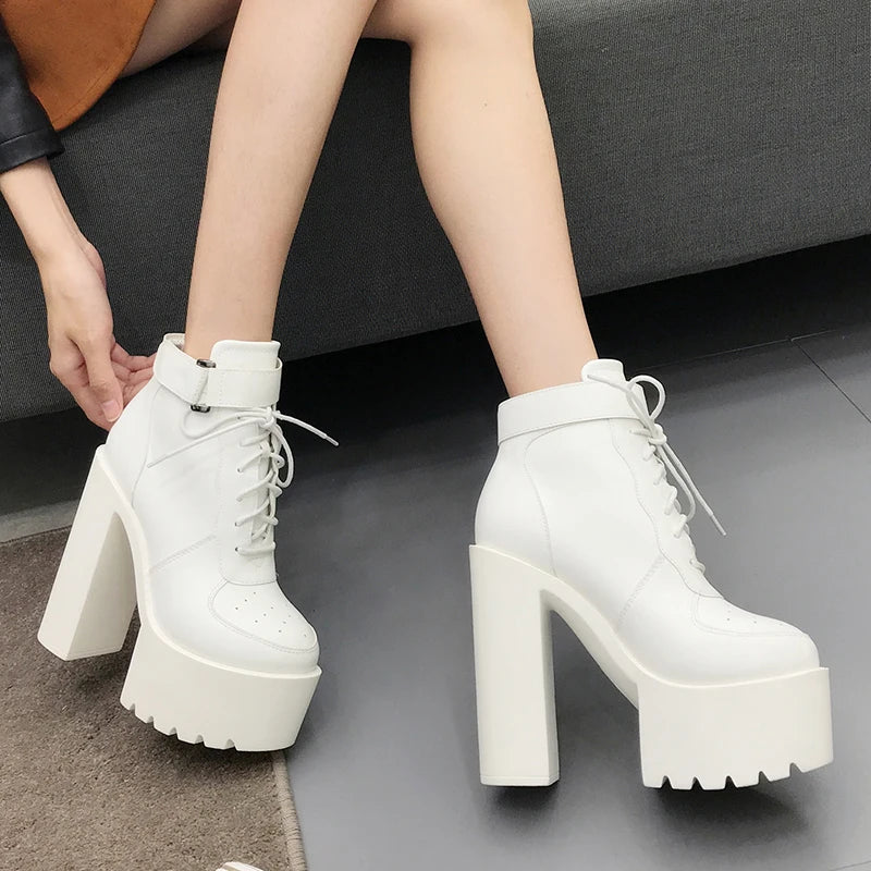 Gdgydh Hot Sale Russian Shoes Black Platform Boots Women Zipper Autumn High Heels Shoes Lace Up Ankle Boots White Rubber Sole