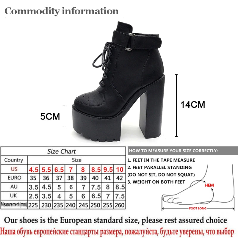 Gdgydh Hot Sale Russian Shoes Black Platform Boots Women Zipper Autumn High Heels Shoes Lace Up Ankle Boots White Rubber Sole