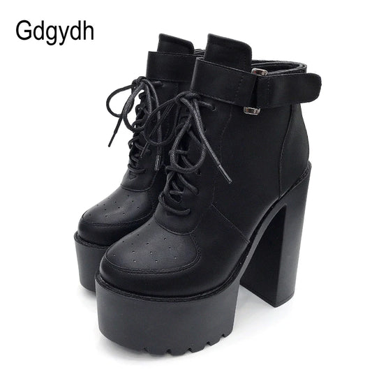 Gdgydh Hot Sale Russian Shoes Black Platform Boots Women Zipper Autumn High Heels Shoes Lace Up Ankle Boots White Rubber Sole