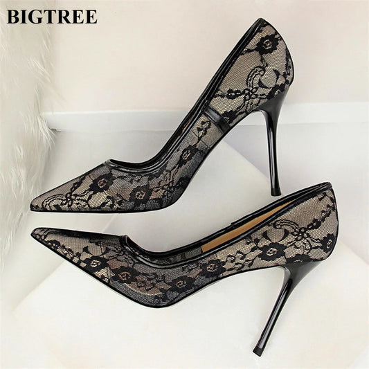 2025 Sexy Noir Fleur Dentelle Maille Escarpins Femmes Pointu Mode Fête Chaussures Montrer Mince Talons Hauts Chaussures Femmes Bureau Chaussures Peu Profondes