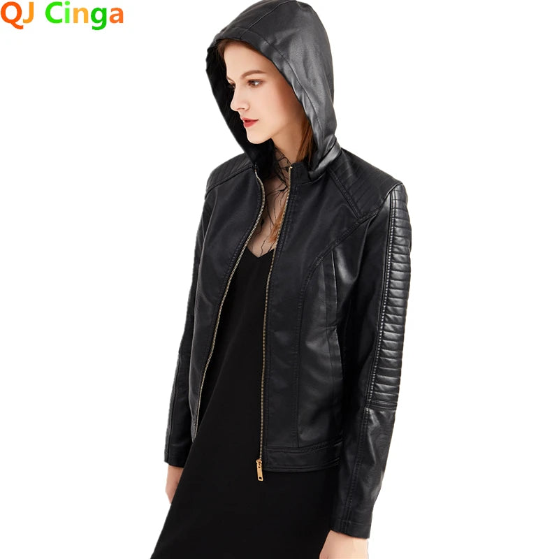 Winter New Black Fleece Hooded Leather Jacket Women's Fashionable Trim Motorcycle Women Coat Zipper Switch Tops Red Khaki Grey