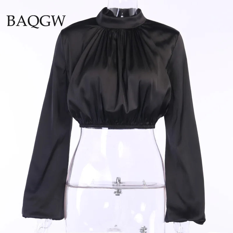 Sexy Puff Sleeves Satin Blouse Shirt Women Long Sleeve Spring Autum Turtleneck Women's Cropped Blouses Office Lady Top Blusas