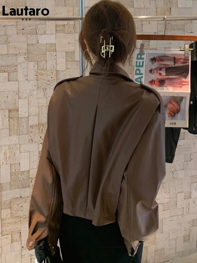 Lautaro Spring Short Brown Casual Faux Leather Jackets for Women Drop Shoulder Long Sleeve Pockets Zipper Cool Corp Top 2022