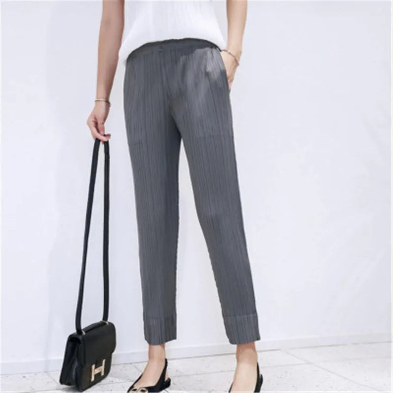 Miyake pleated fashion new cropped trousers, solid color, large size, slim fit, urban casual pants, split pants, women's pants