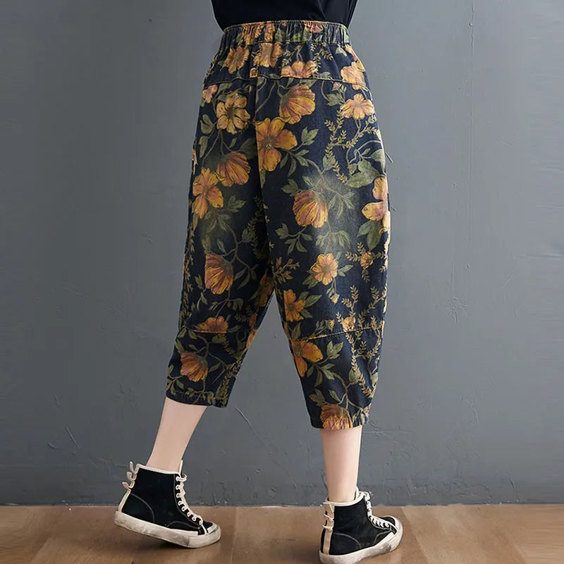 Femmes Été Lâche Décontracté Jeans Nouveau 2021 Mode Streetwear Vintage Imprimé Floral Femme Taille Haute Mi-mollet Pantalon