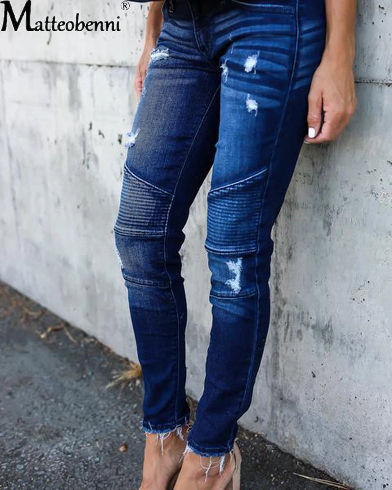 Fashion Mid Waist Skinny Jeans Women Vintage Distressed Denim Pants Autumn Crimped Destroyed Pencil Pants Casual Ripped Jeans